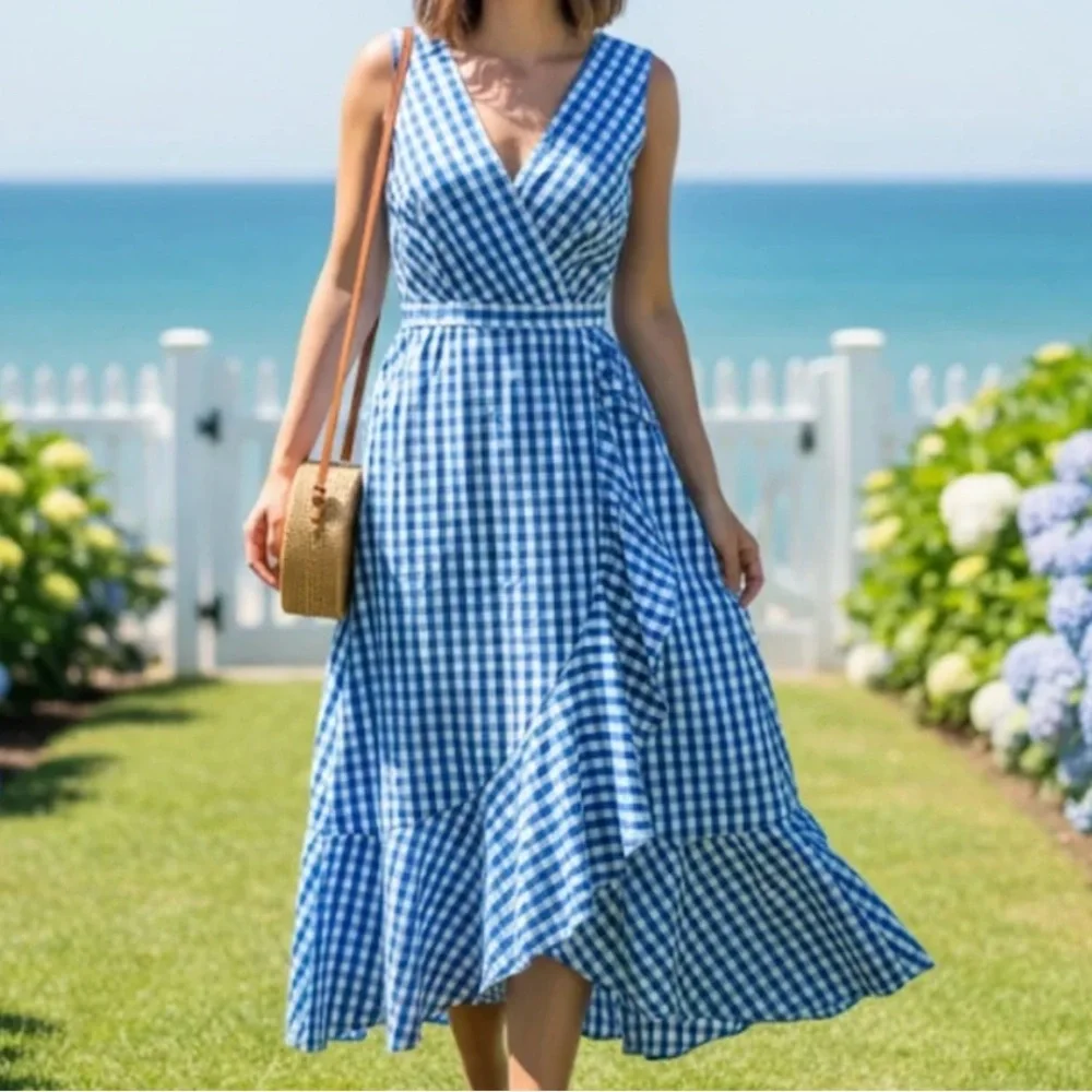 J.Crew 6 Gingham Wrap Dress Blue White Midi Sleeveless Ruffle Hem V-neck - Picture 2 of 3
